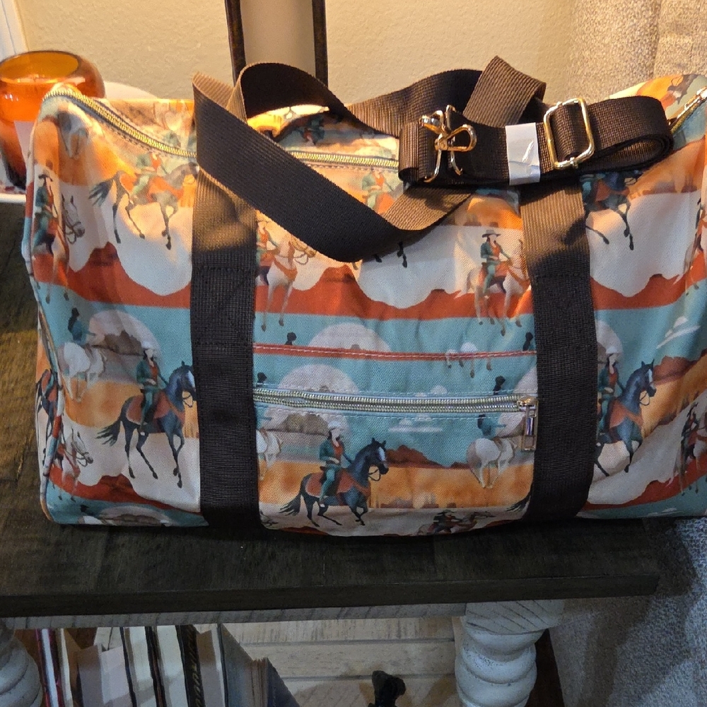 Kids Horse Pattern Duffle Bag with Black Straps - Blue & Orange